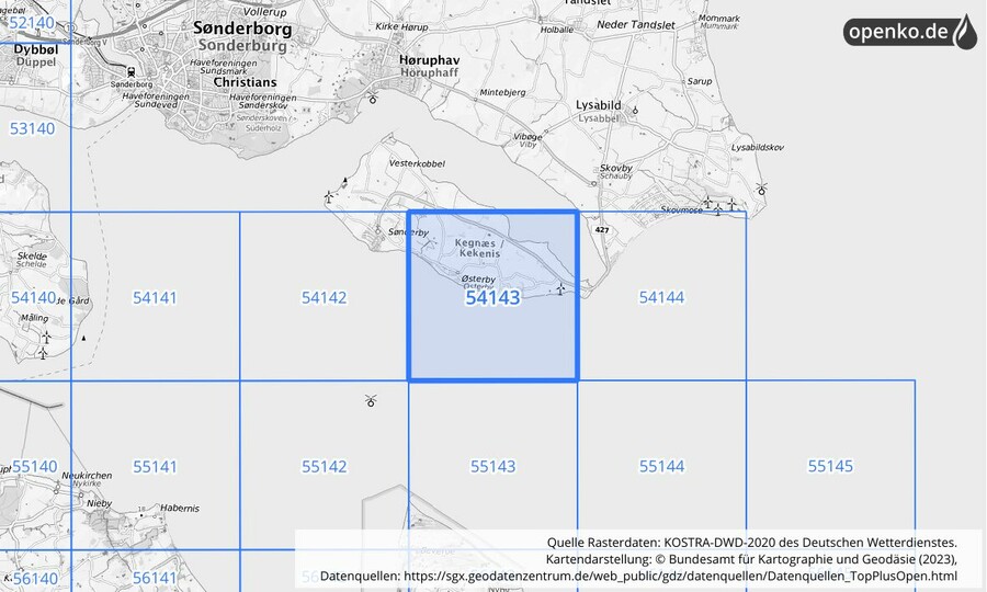 Übersichtskarte des KOSTRA-DWD-2020-Rasterfeldes Nr. 54143