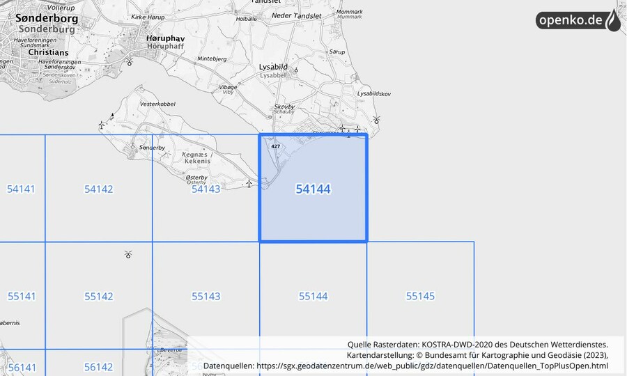 Übersichtskarte des KOSTRA-DWD-2020-Rasterfeldes Nr. 54144