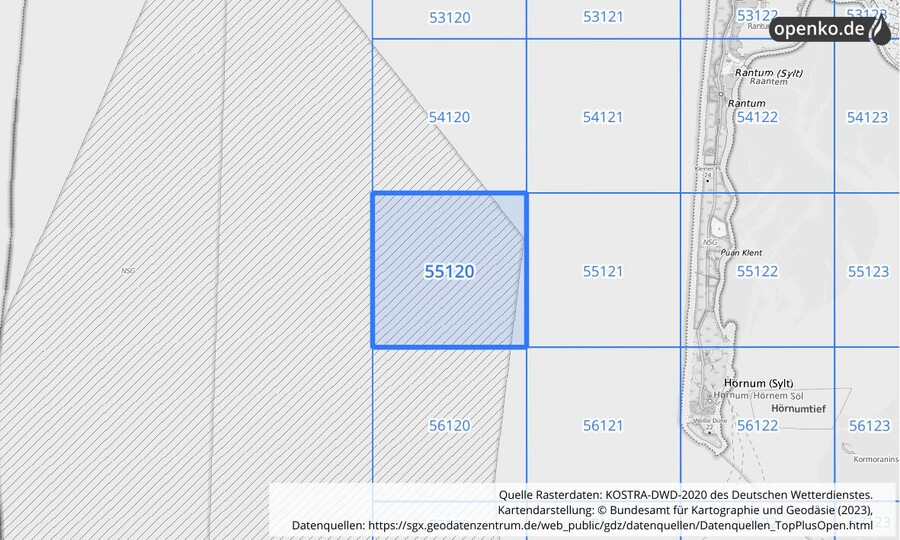 Übersichtskarte des KOSTRA-DWD-2020-Rasterfeldes Nr. 55120