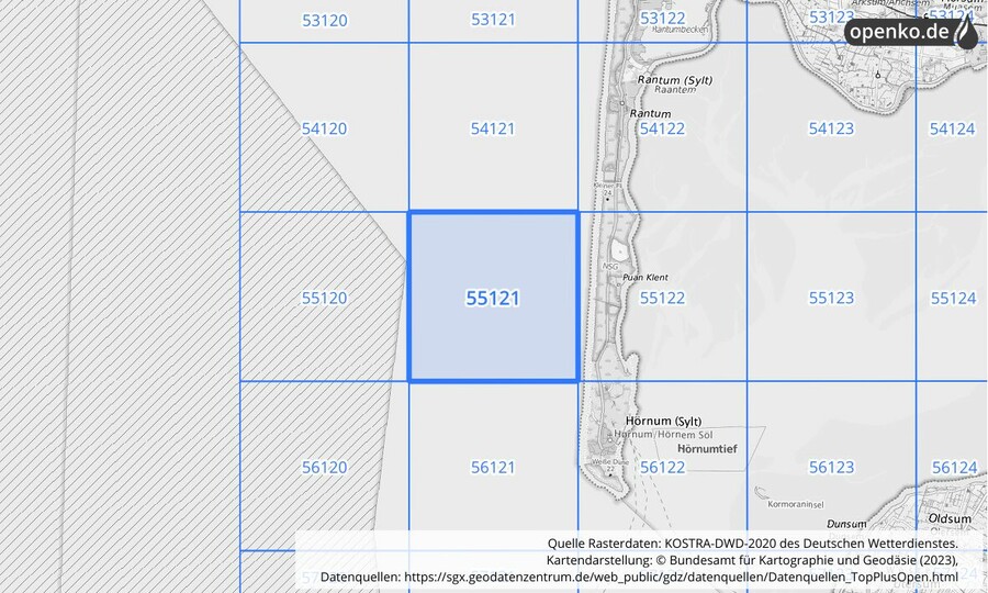Übersichtskarte des KOSTRA-DWD-2020-Rasterfeldes Nr. 55121