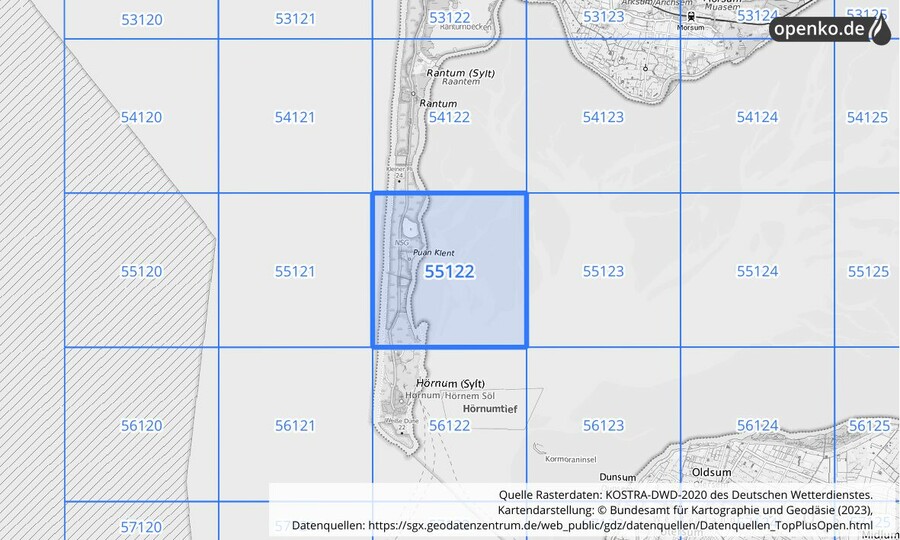 Übersichtskarte des KOSTRA-DWD-2020-Rasterfeldes Nr. 55122
