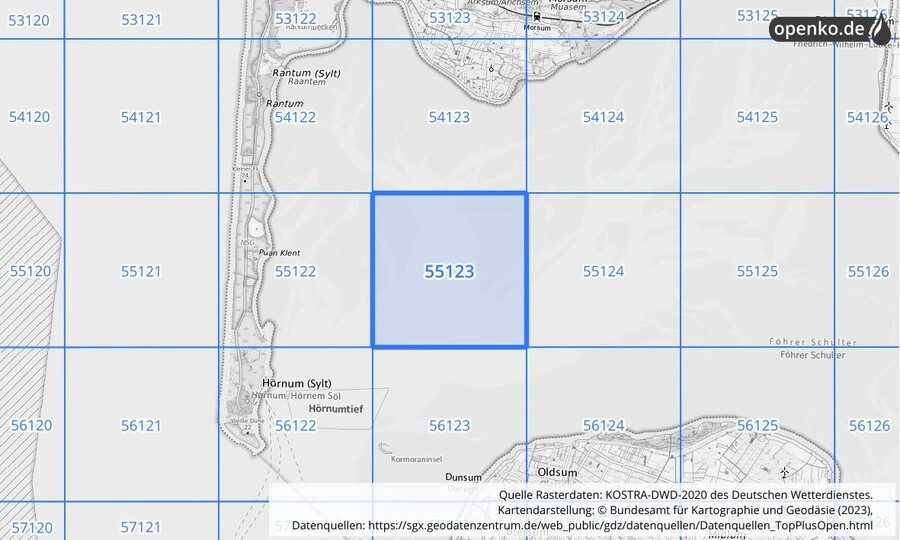 Übersichtskarte des KOSTRA-DWD-2020-Rasterfeldes Nr. 55123