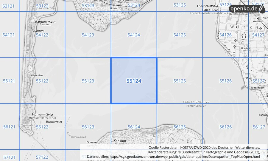 Übersichtskarte des KOSTRA-DWD-2020-Rasterfeldes Nr. 55124