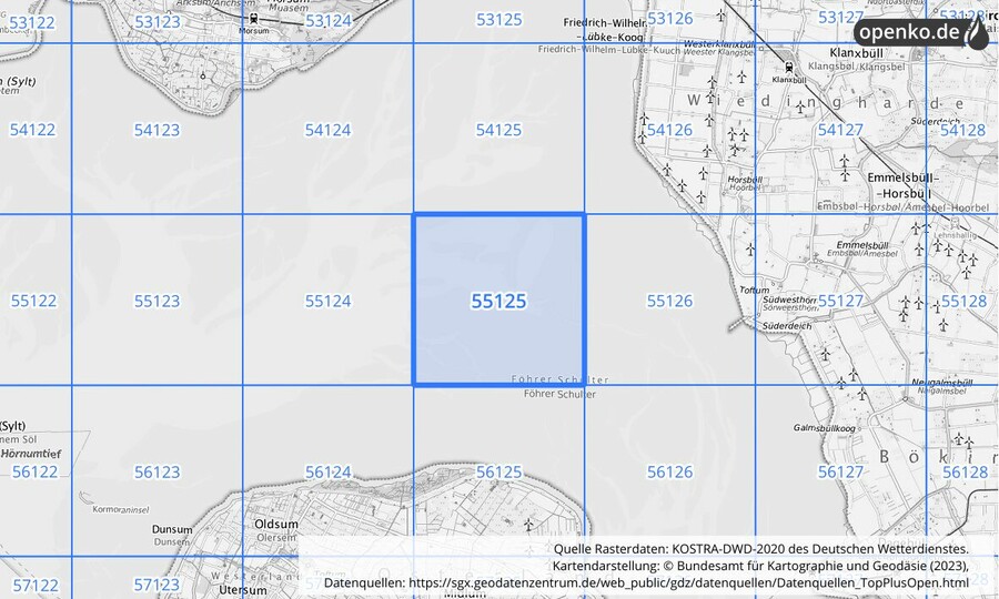 Übersichtskarte des KOSTRA-DWD-2020-Rasterfeldes Nr. 55125