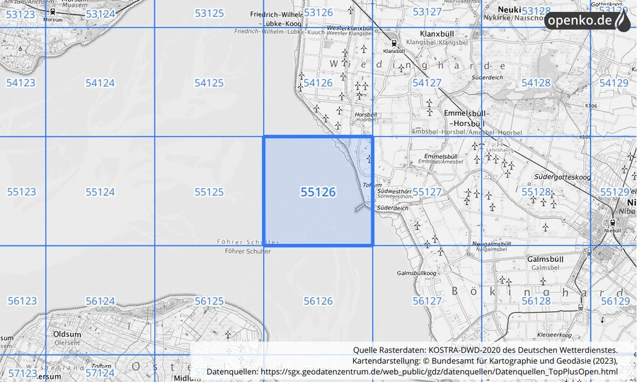 Übersichtskarte des KOSTRA-DWD-2020-Rasterfeldes Nr. 55126