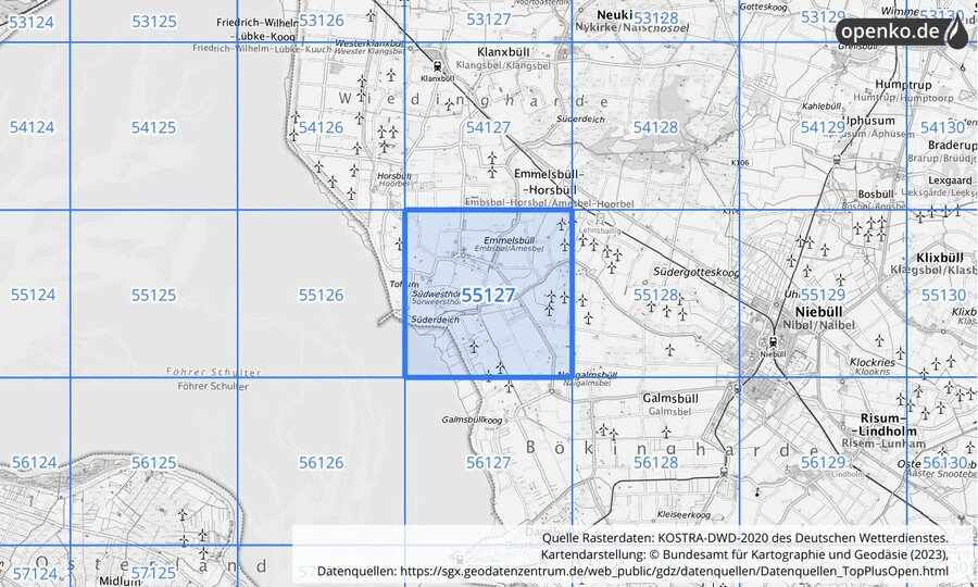 Übersichtskarte des KOSTRA-DWD-2020-Rasterfeldes Nr. 55127