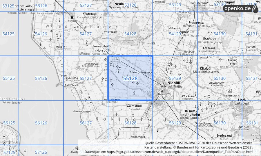 Übersichtskarte des KOSTRA-DWD-2020-Rasterfeldes Nr. 55128
