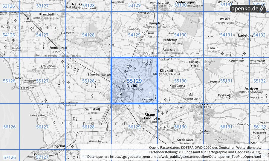 Übersichtskarte des KOSTRA-DWD-2020-Rasterfeldes Nr. 55129