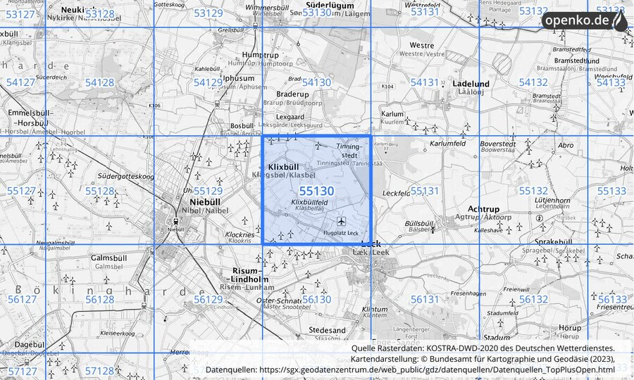 Übersichtskarte des KOSTRA-DWD-2020-Rasterfeldes Nr. 55130