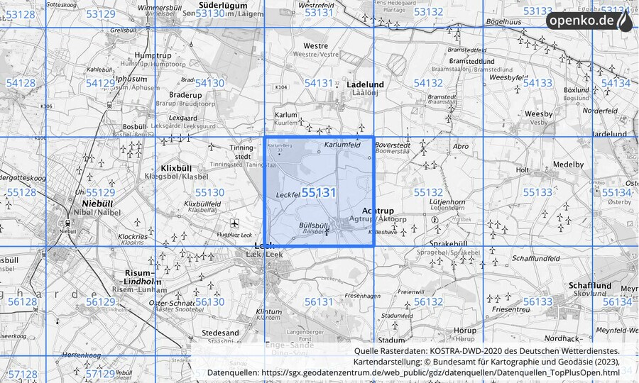 Übersichtskarte des KOSTRA-DWD-2020-Rasterfeldes Nr. 55131