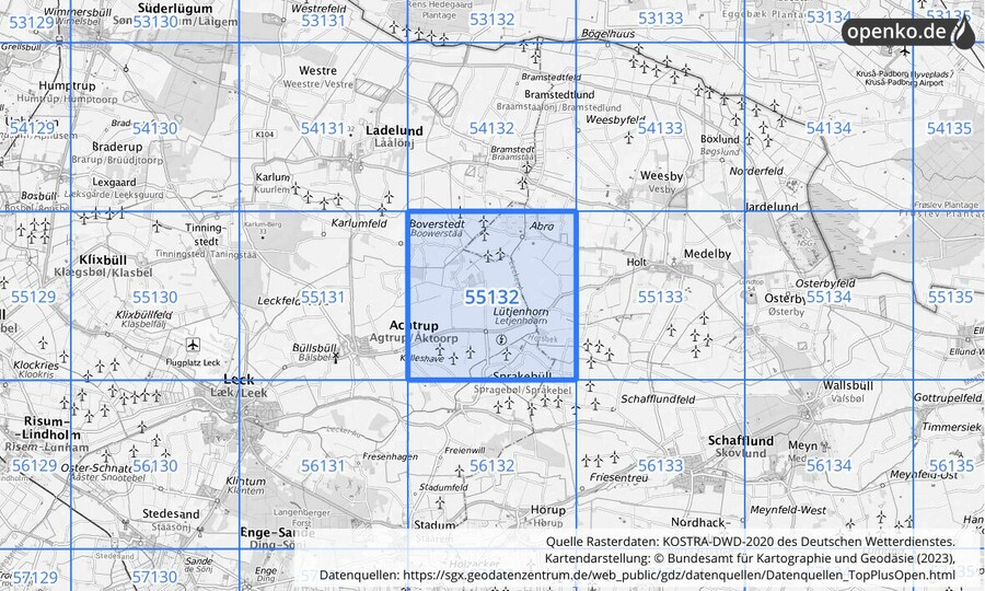 Übersichtskarte des KOSTRA-DWD-2020-Rasterfeldes Nr. 55132