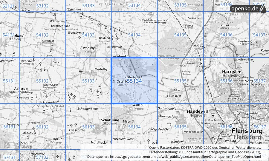 Übersichtskarte des KOSTRA-DWD-2020-Rasterfeldes Nr. 55134