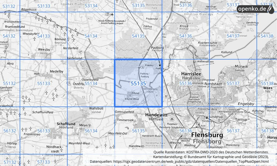 Übersichtskarte des KOSTRA-DWD-2020-Rasterfeldes Nr. 55135