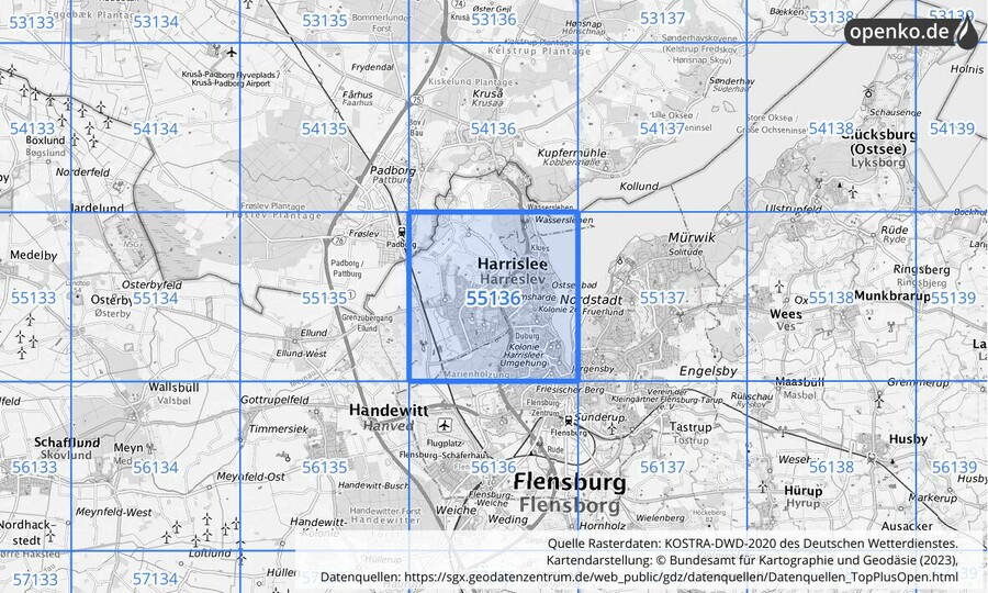 Übersichtskarte des KOSTRA-DWD-2020-Rasterfeldes Nr. 55136