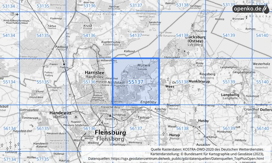 Übersichtskarte des KOSTRA-DWD-2020-Rasterfeldes Nr. 55137