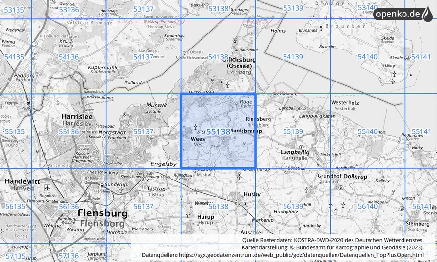 Übersichtskarte des KOSTRA-DWD-2020-Rasterfeldes Nr. 55138