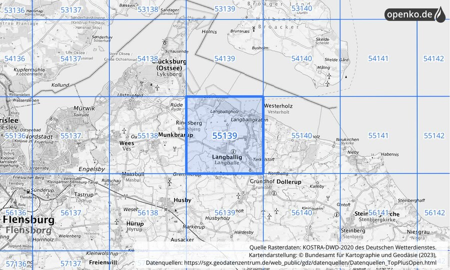 Übersichtskarte des KOSTRA-DWD-2020-Rasterfeldes Nr. 55139
