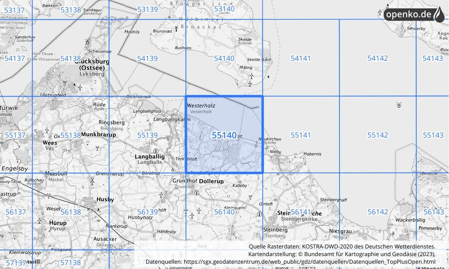 Übersichtskarte des KOSTRA-DWD-2020-Rasterfeldes Nr. 55140