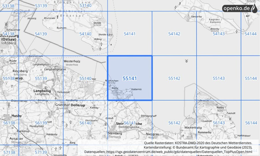 Übersichtskarte des KOSTRA-DWD-2020-Rasterfeldes Nr. 55141