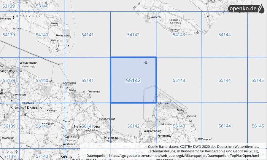 Übersichtskarte des KOSTRA-DWD-2020-Rasterfeldes Nr. 55142