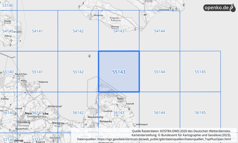 Übersichtskarte des KOSTRA-DWD-2020-Rasterfeldes Nr. 55143