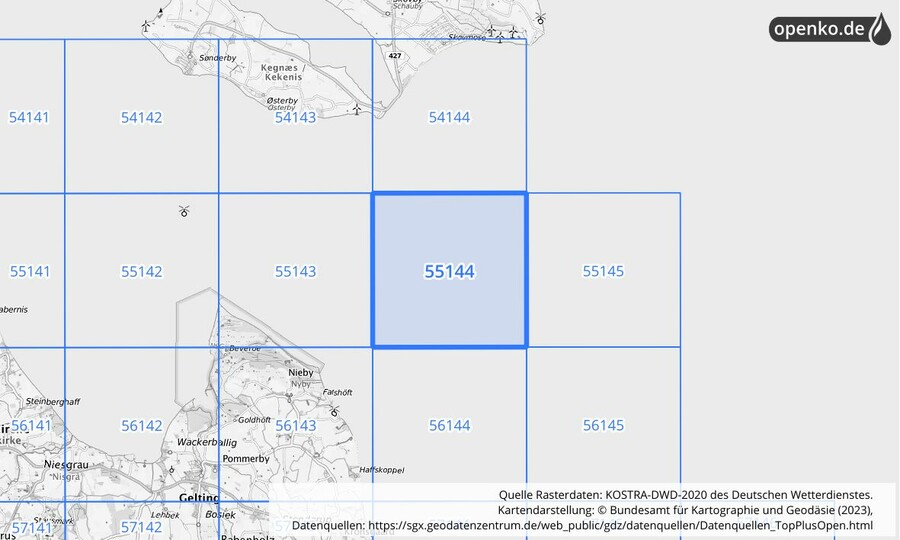 Übersichtskarte des KOSTRA-DWD-2020-Rasterfeldes Nr. 55144
