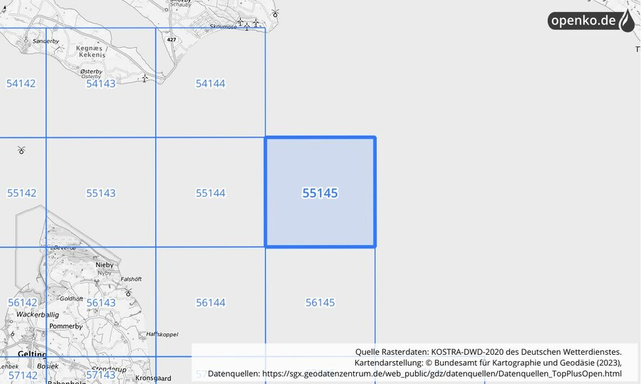 Übersichtskarte des KOSTRA-DWD-2020-Rasterfeldes Nr. 55145