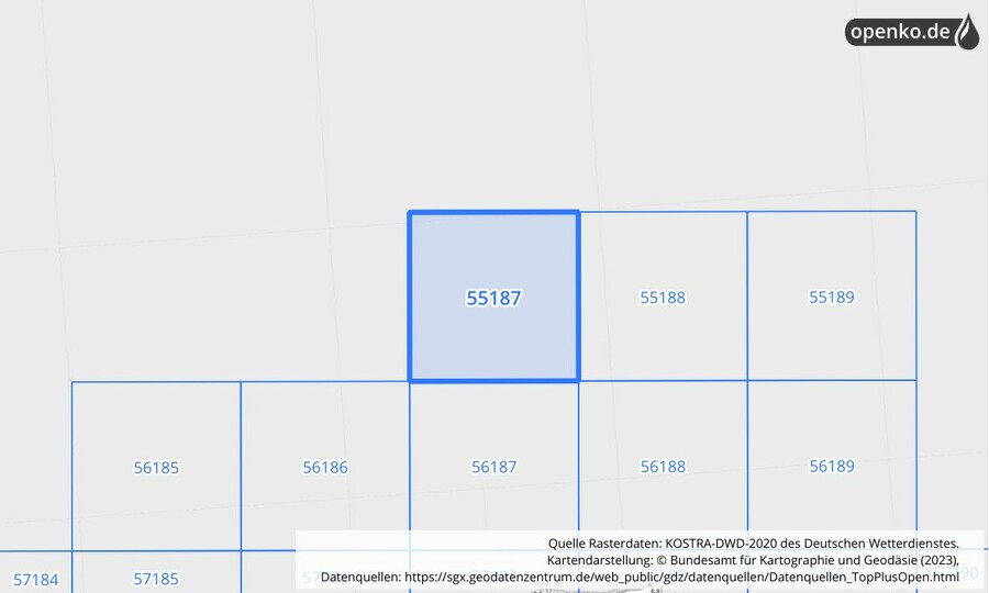 Übersichtskarte des KOSTRA-DWD-2020-Rasterfeldes Nr. 55187