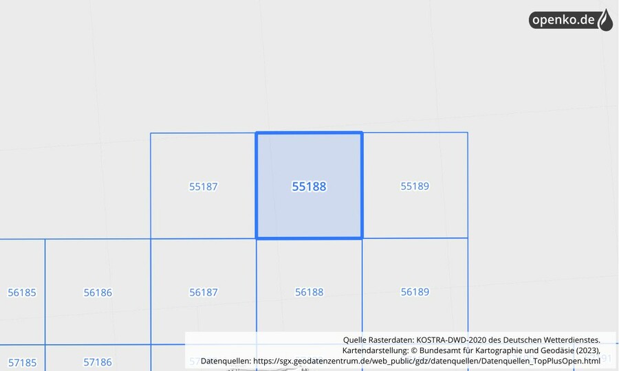 Übersichtskarte des KOSTRA-DWD-2020-Rasterfeldes Nr. 55188