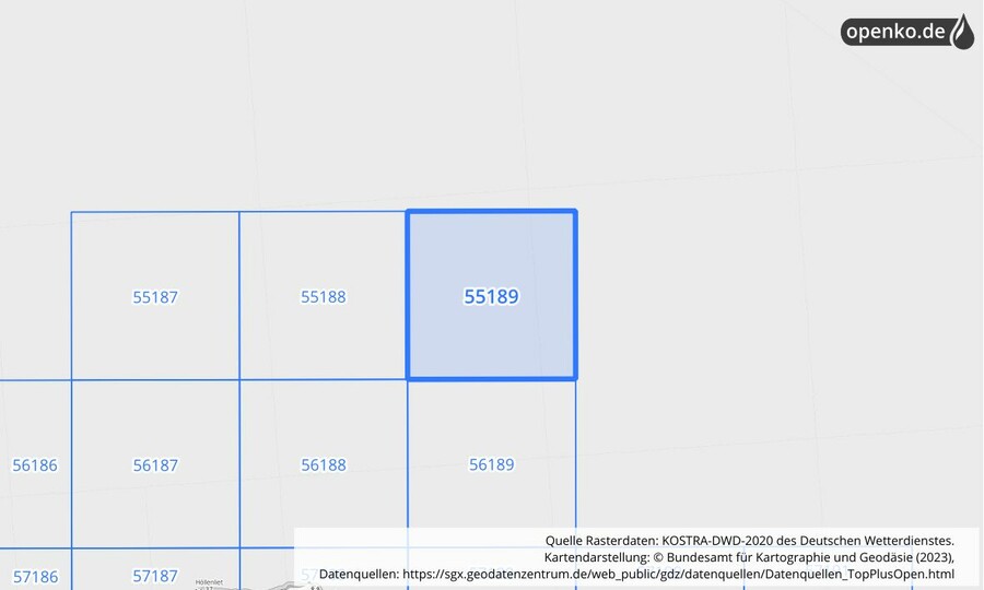 Übersichtskarte des KOSTRA-DWD-2020-Rasterfeldes Nr. 55189