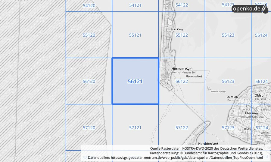 Übersichtskarte des KOSTRA-DWD-2020-Rasterfeldes Nr. 56121