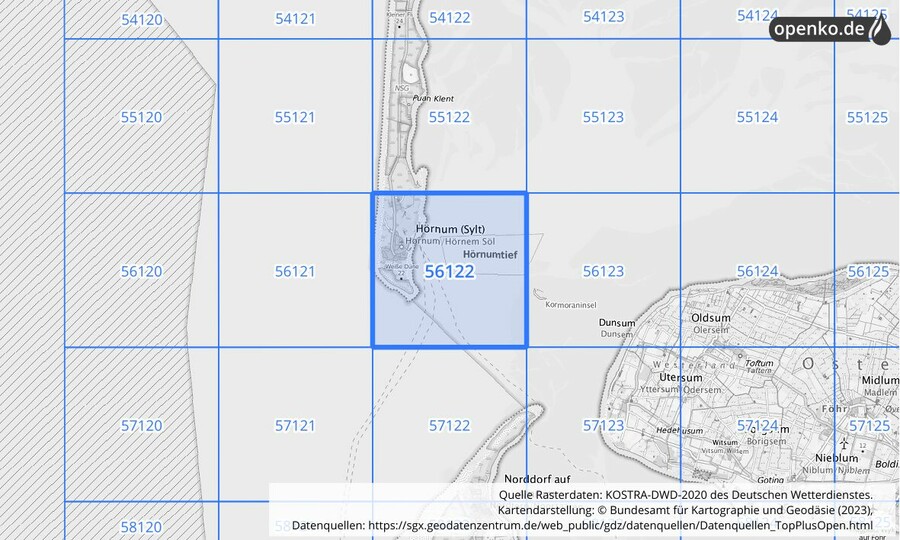 Übersichtskarte des KOSTRA-DWD-2020-Rasterfeldes Nr. 56122
