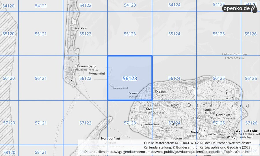 Übersichtskarte des KOSTRA-DWD-2020-Rasterfeldes Nr. 56123