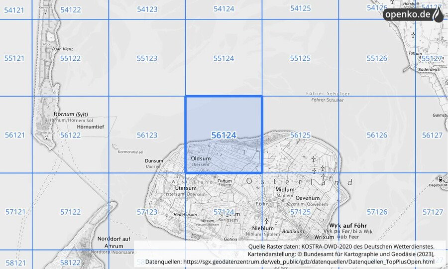 Übersichtskarte des KOSTRA-DWD-2020-Rasterfeldes Nr. 56124