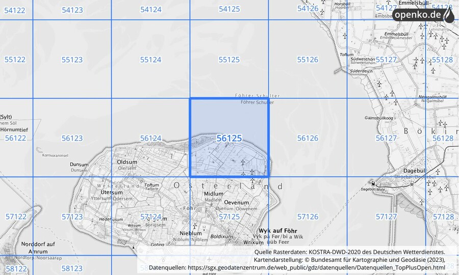 Übersichtskarte des KOSTRA-DWD-2020-Rasterfeldes Nr. 56125