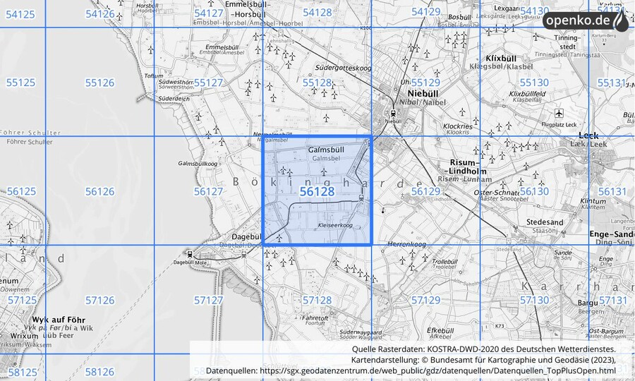 Übersichtskarte des KOSTRA-DWD-2020-Rasterfeldes Nr. 56128