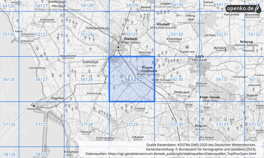 Übersichtskarte des KOSTRA-DWD-2020-Rasterfeldes Nr. 56129
