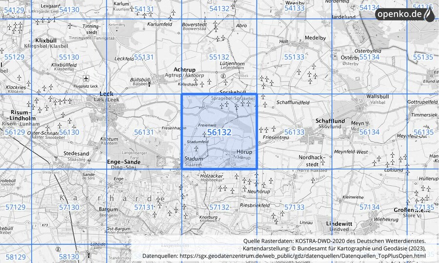 Übersichtskarte des KOSTRA-DWD-2020-Rasterfeldes Nr. 56132
