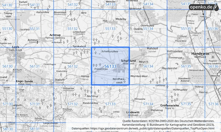 Übersichtskarte des KOSTRA-DWD-2020-Rasterfeldes Nr. 56133