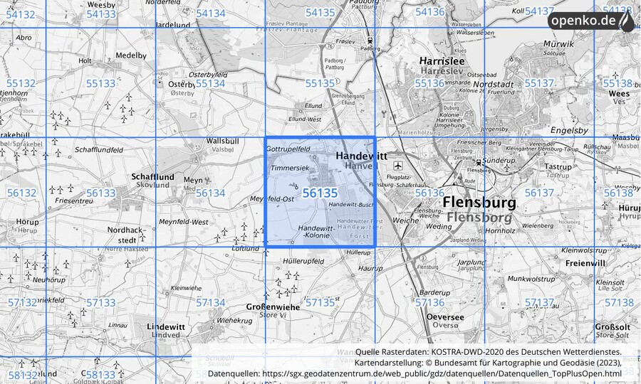 Übersichtskarte des KOSTRA-DWD-2020-Rasterfeldes Nr. 56135
