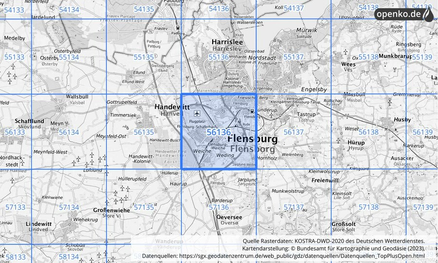 Übersichtskarte des KOSTRA-DWD-2020-Rasterfeldes Nr. 56136