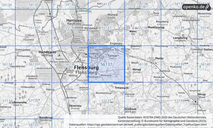 Übersichtskarte des KOSTRA-DWD-2020-Rasterfeldes Nr. 56137