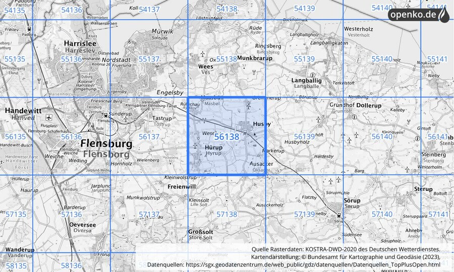 Übersichtskarte des KOSTRA-DWD-2020-Rasterfeldes Nr. 56138