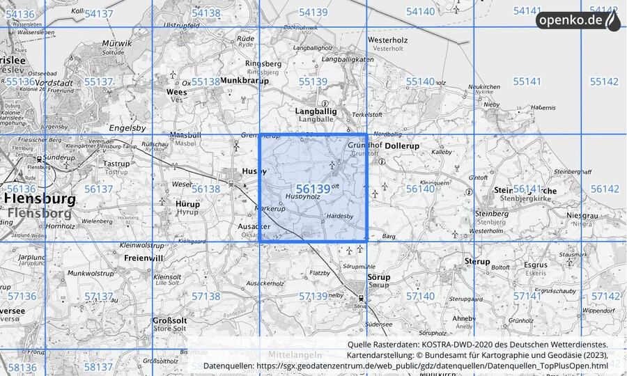 Übersichtskarte des KOSTRA-DWD-2020-Rasterfeldes Nr. 56139