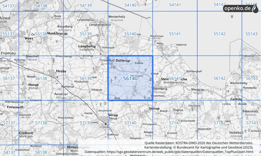 Übersichtskarte des KOSTRA-DWD-2020-Rasterfeldes Nr. 56140