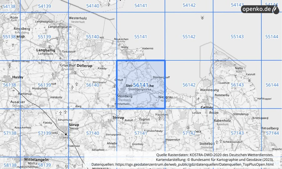 Übersichtskarte des KOSTRA-DWD-2020-Rasterfeldes Nr. 56141