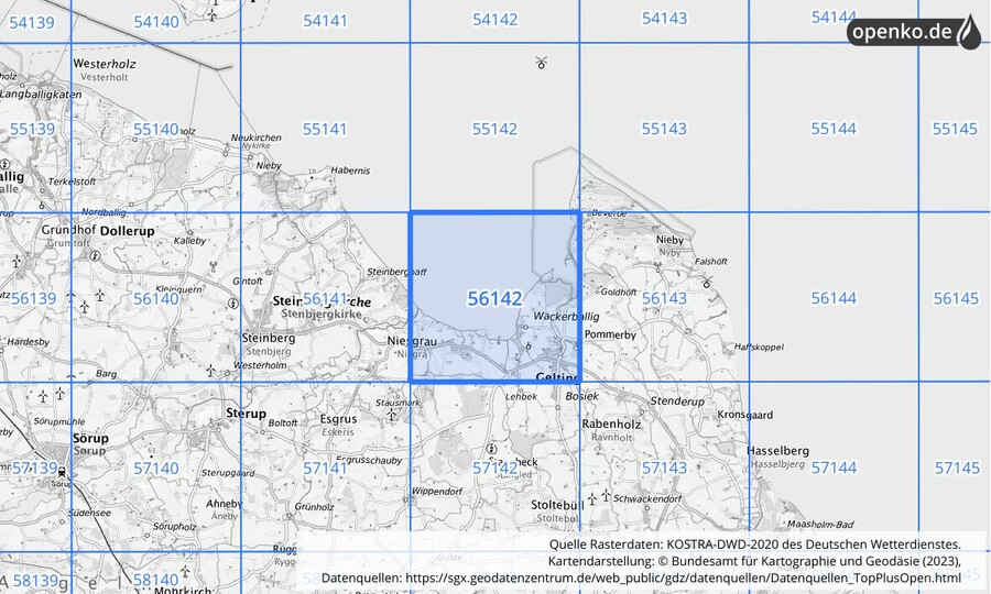 Übersichtskarte des KOSTRA-DWD-2020-Rasterfeldes Nr. 56142