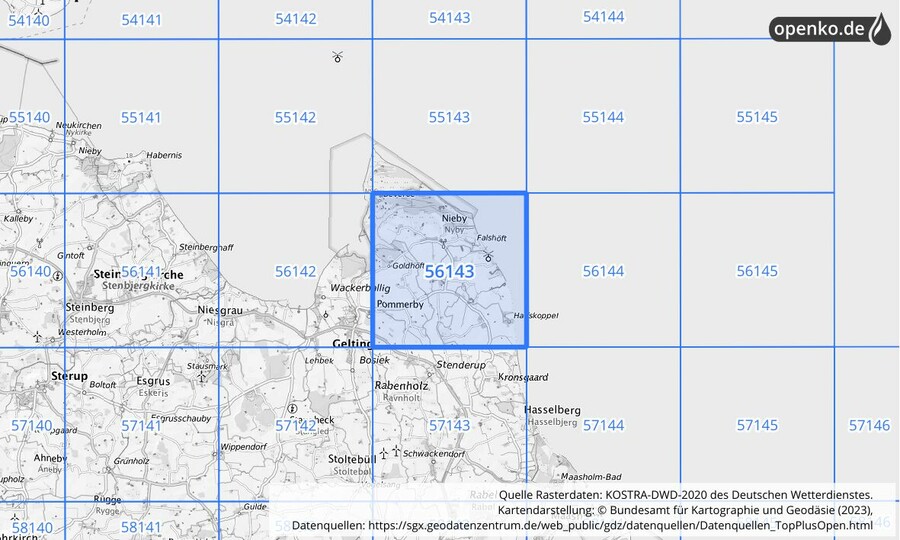 Übersichtskarte des KOSTRA-DWD-2020-Rasterfeldes Nr. 56143