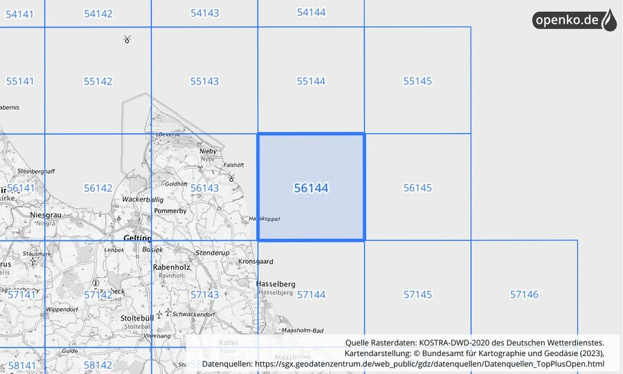 Übersichtskarte des KOSTRA-DWD-2020-Rasterfeldes Nr. 56144