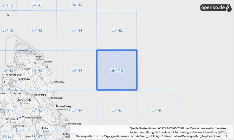 Übersichtskarte des KOSTRA-DWD-2020-Rasterfeldes Nr. 56145